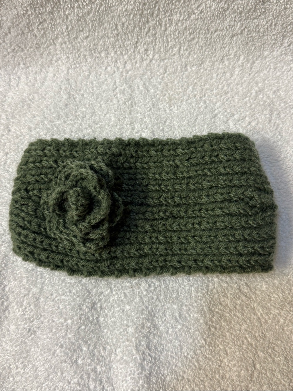 Handmade Olive Green Knit Headband with Flower Accent